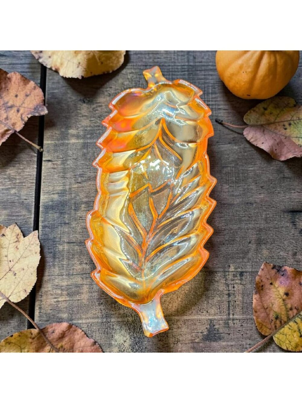 Jeanette Carnival Glass Leaf-Shaped Dish 11" Iridescent Orange